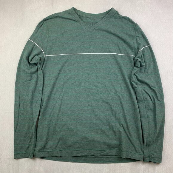 Lululemon Mens Shirt Medium Green Striped V-Neck Long Sleeve Performance Stretch - Picture 1 of 6